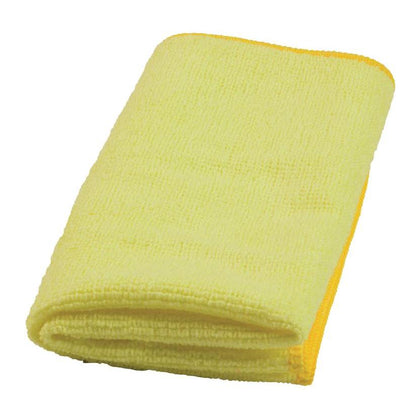 Złożona żółta TASKI MyMicro ściereczka z mikrofibry 36 x 36 cm od Diversey Deutschland GmbH & Co. OHG, z obszytym brzegiem, idealna do kodowanego kolorami czyszczenia na mokro i spryskiwania, jest przedstawiona na białym tle (20 sztuk na opakowanie).