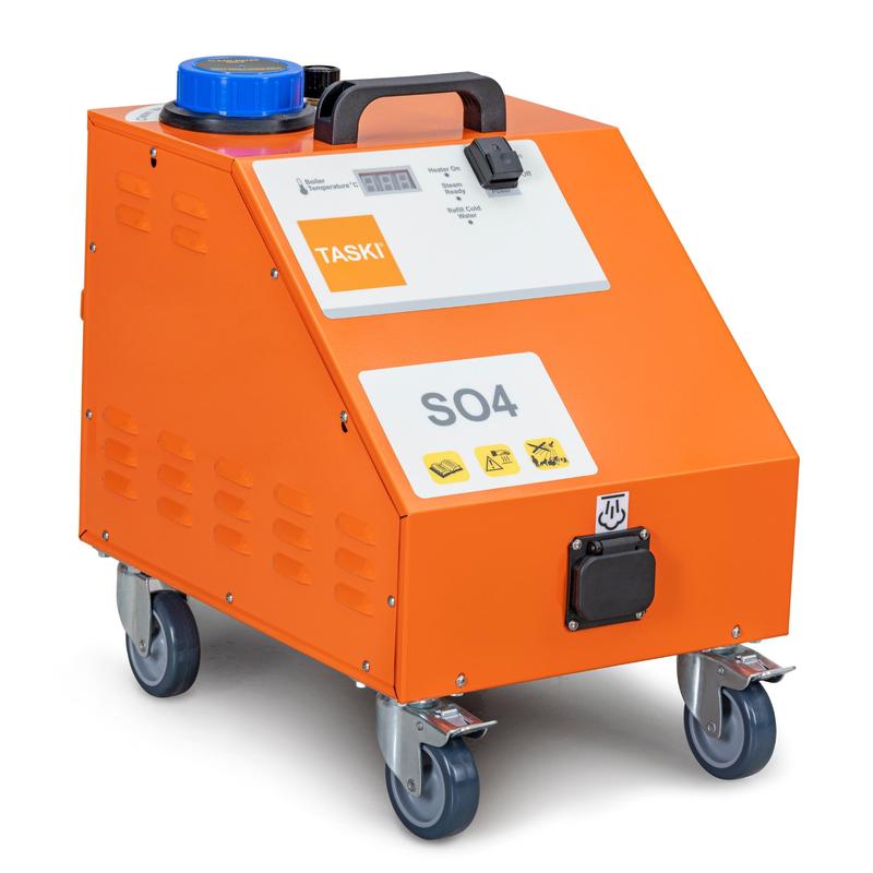 Parownica TASKI Steam SO4 firmy Diversey Deutschland GmbH & Co. OHG ma ciśnienie pary 4,5 bara, pomarańczową obudowę z uchwytem, kółka, panel sterowania, niebieską nakrętkę, naklejkę ostrzegawczą, gniazdo przednie - idealna do ekologicznego czyszczenia.