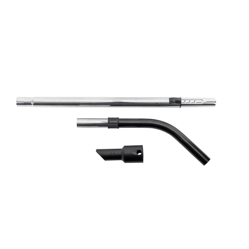 Zestaw do modernizacji TASKI AERO od Diversey zawiera metalowy łuk rurowy, złącze węża i teleskopowy drążek do odkurzaczy Aero, przedstawione na białym tle, aby podkreślić wydajność czyszczenia poszczególnych końcówek.