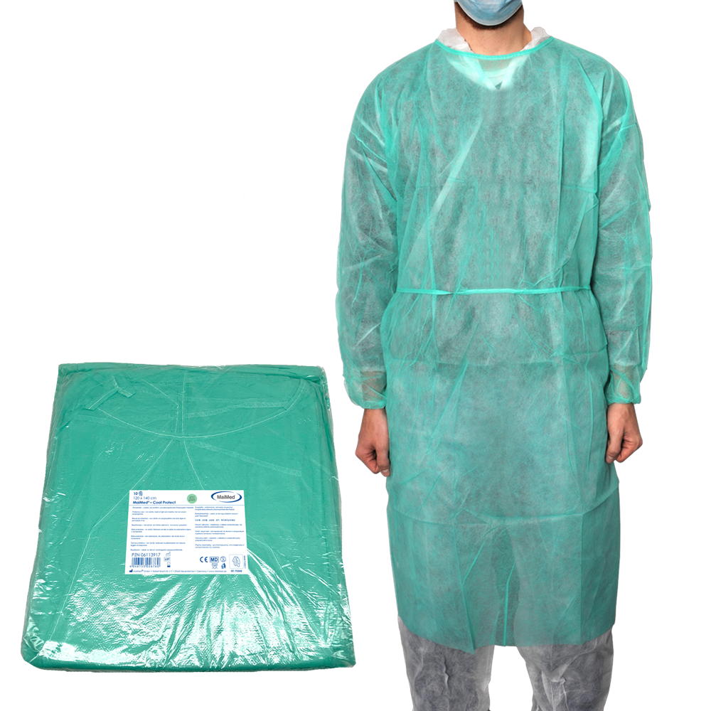 MaiMed-Coat Protect, fartuch ochronny z polaru, zielony niesterylny, elastyczne mankiety, długość 120cm, 10 sztuk | Opakowanie (10 sztuk)