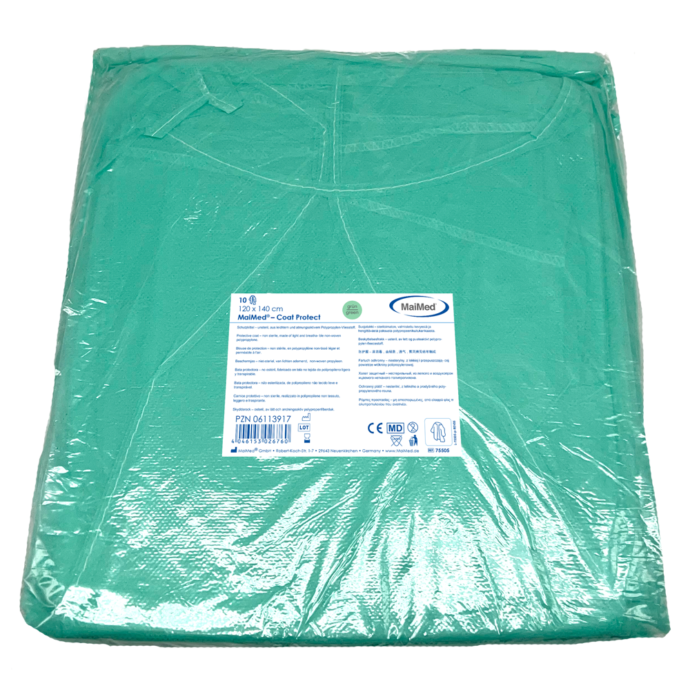 MaiMed-Coat Protect, fartuch ochronny z polaru, zielony niesterylny, elastyczne mankiety, długość 120cm, 10 sztuk | Opakowanie (10 sztuk)