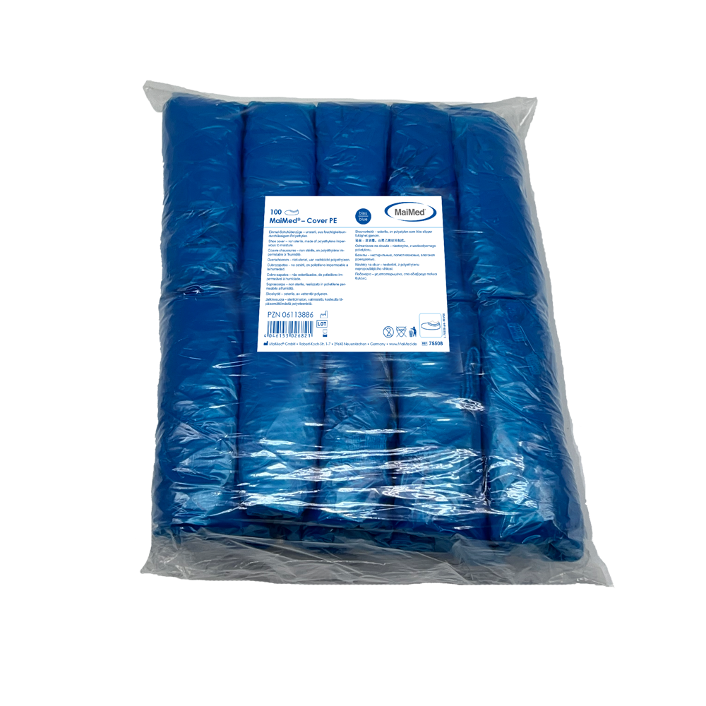 MaiMed-Cover Ochraniacze na buty z PE Jednorazowe ochraniacze na buty z PE, niebieskie, 100 szt./op. | Opakowanie (100 sztuk)