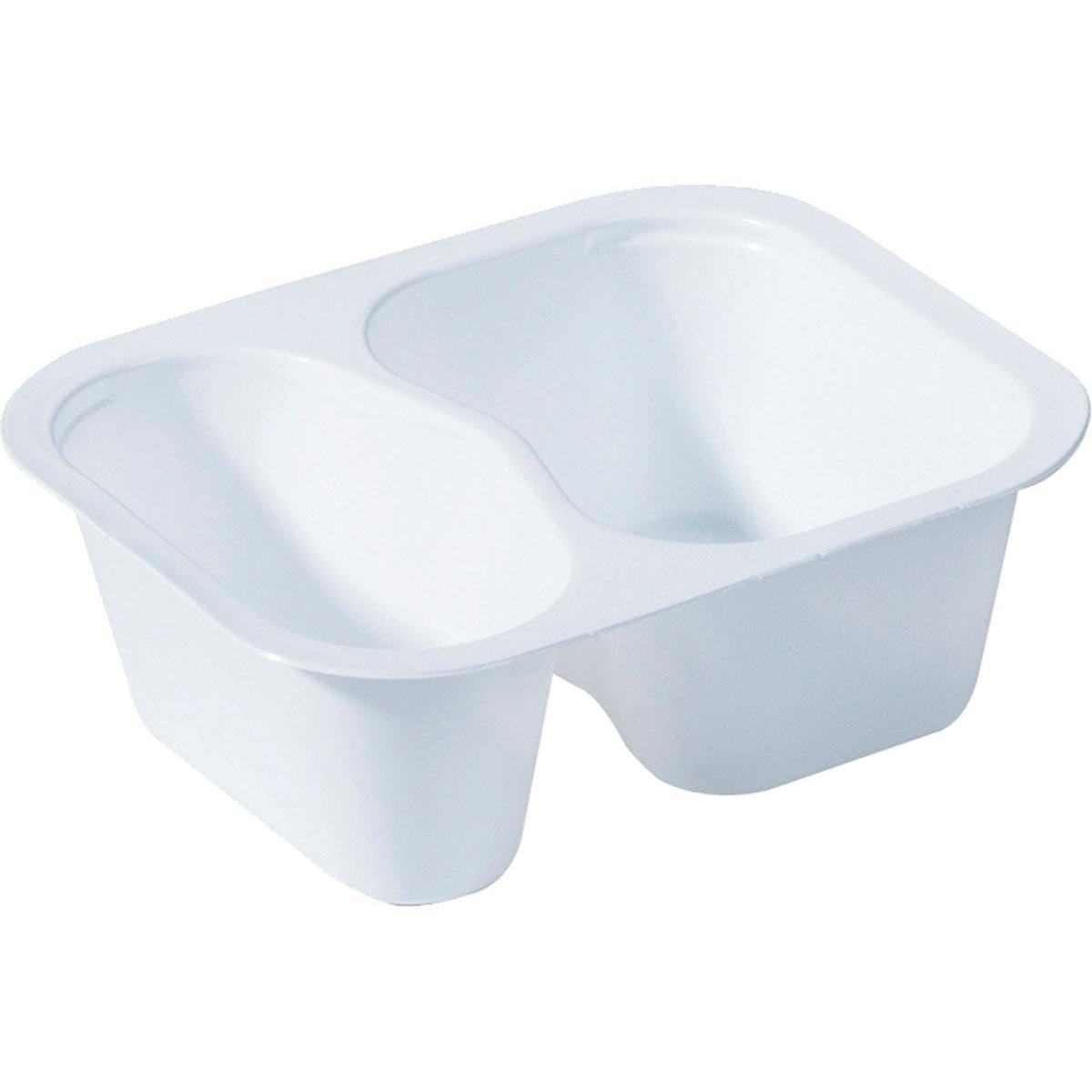 Duni GmbH PP-Schälchen 2 Biały PP 138x114x53 to biała plastikowa tacka z dwoma przegrodami, idealna do żywności lub przypraw w gastronomii; dostępna w opakowaniach po 480 sztuk.