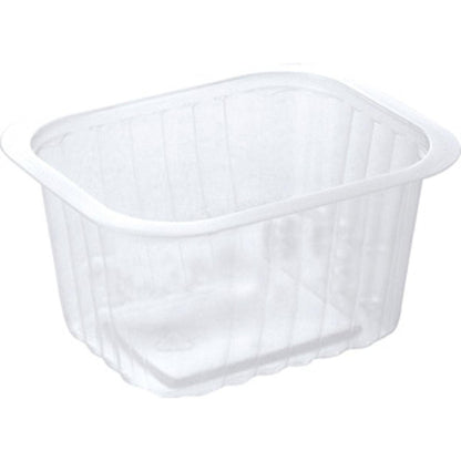 Das Duni GmbH PP-Schälchen Transparent PP 138x114 ist ein klarer, rechteckiger Behälter mit abgerundeten Ecken und gerippten Seiten - ideal für die sichtbare Aufbewahrung von Lebensmitteln.
