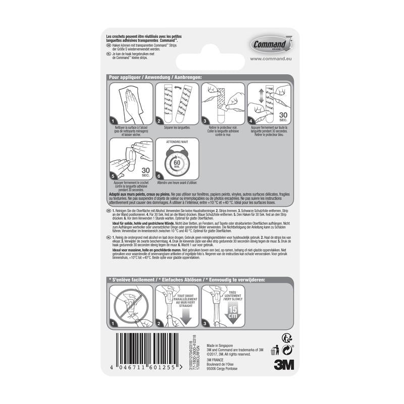 Tył opakowania przezroczystych mini-haczyków 3M Command™ (17006CLR) z ilustrowanymi krokami mocowania/usuwania przezroczystych pasków, tekstem wielojęzycznym i informacjami o produkcie. Idealne do przezroczystych haczyków lub mini-haczyków.