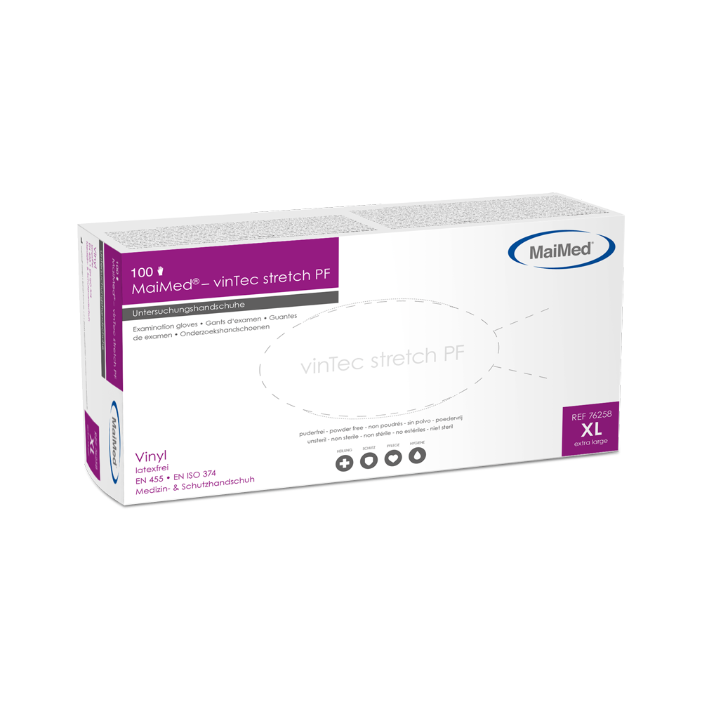 Rękawiczki diagnostyczne MaiMed-vinTec Stretch PF, niejałowe, winylowe w proszku, 100 szt./opakowanie