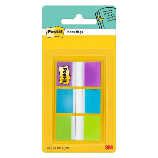 Opakowanie samoprzylepnych pasków 3M Post-it® Index, wersja standardowa (25,4 mm x 43,2 mm), zawierające 60 pasków w różnych kolorach w dozowniku. Idealne do porządkowania dokumentów; na opakowaniu widnieją logo Post-it® oraz 3M Deutschland GmbH.
