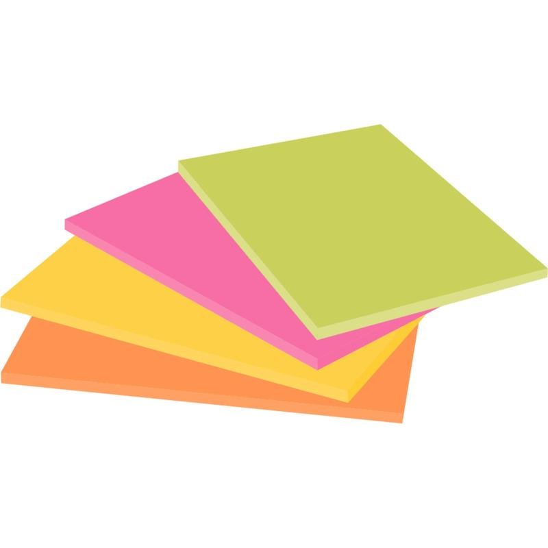 Stos czterech nakładających się karteczek samoprzylepnych Post-it® Super Sticky Notes w kolorach pomarańczowym, żółtym, różowym i jasnozielonym od 3M Deutschland GmbH (duży format, 45 arkuszy/blok, 100% PEFC) widziany z niskiego kąta.