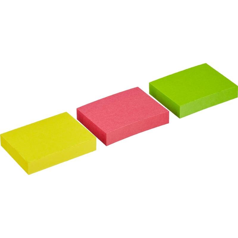 Trzy karteczki samoprzylepne 3M Post-it® w różnych kolorach neonowych (38 x 51 mm, 100 arkuszy/blok, 3 bloki/opakowanie) są certyfikowane przez PEFC i dodają każdemu miejscu pracy żywego akcentu.