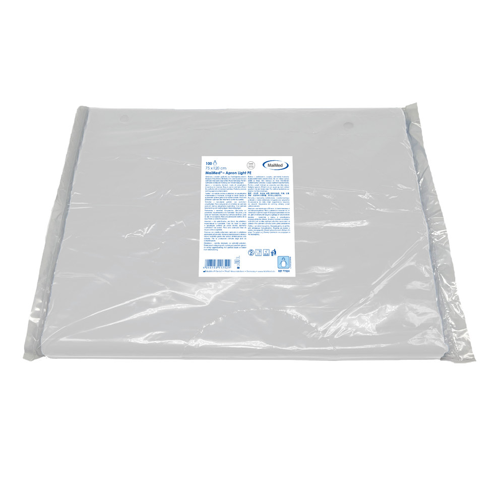 MaiMed-Apron Light PE, fartuch z PE 75x120cm biały, 100 szt./op., blokowany, gładka powierzchnia | Opakowanie (100 sztuk)