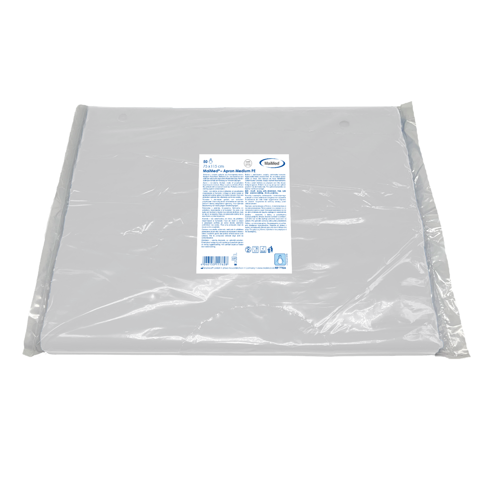 MaiMed-Apron Medium PE, fartuch wykonany z PE 75x115cm biały, 50 szt./op., blokowany, gładka powierzchnia | Opakowanie (50 sztuk)