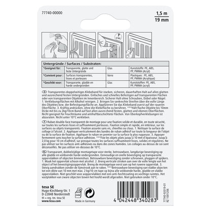 tesa Montageband für transparente Oberflächen und Glas, bis 20 kg/m 1,5 m x 19 mm