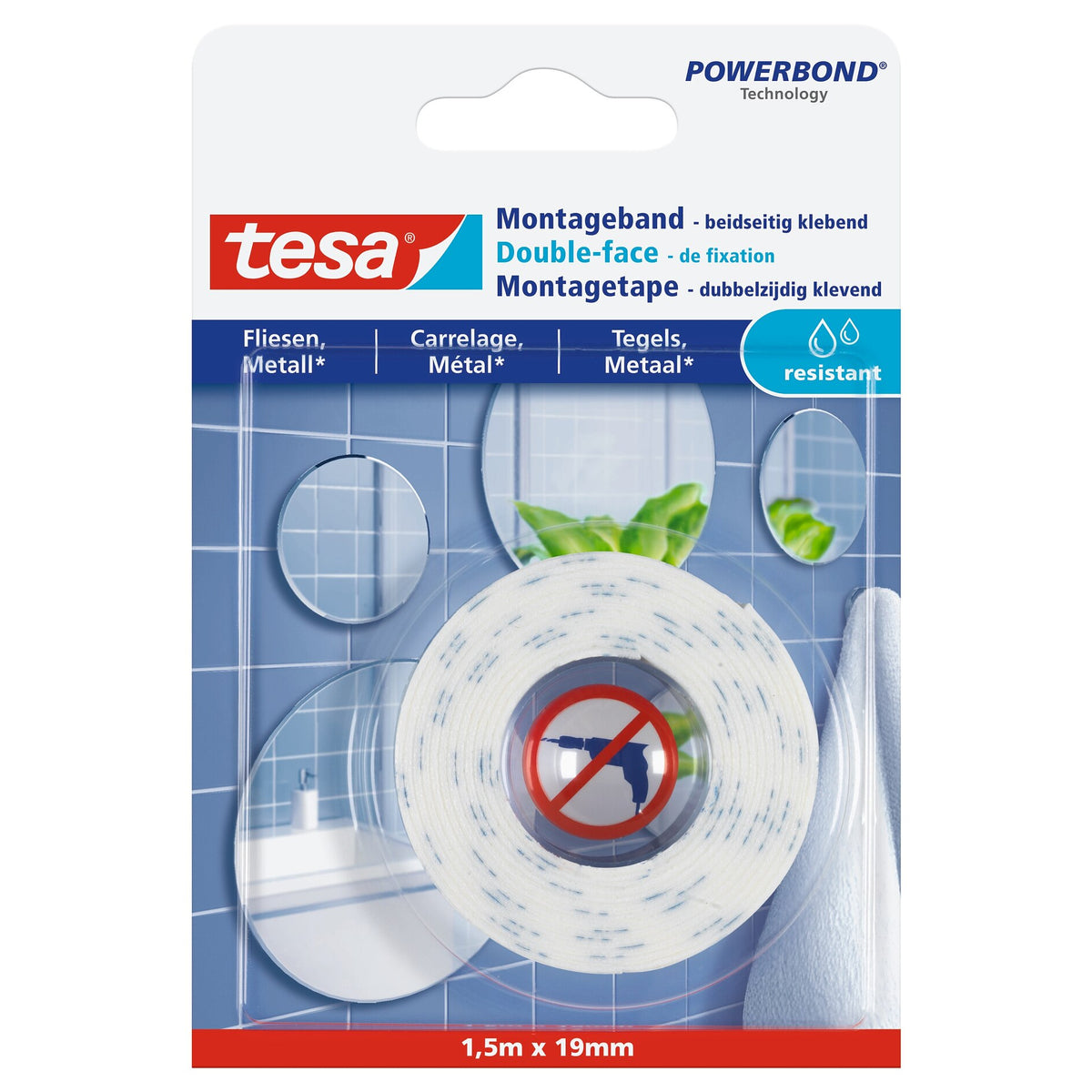 tesa Montageband für Fliesen und Metall, weiß 1,5 m x 19 mm