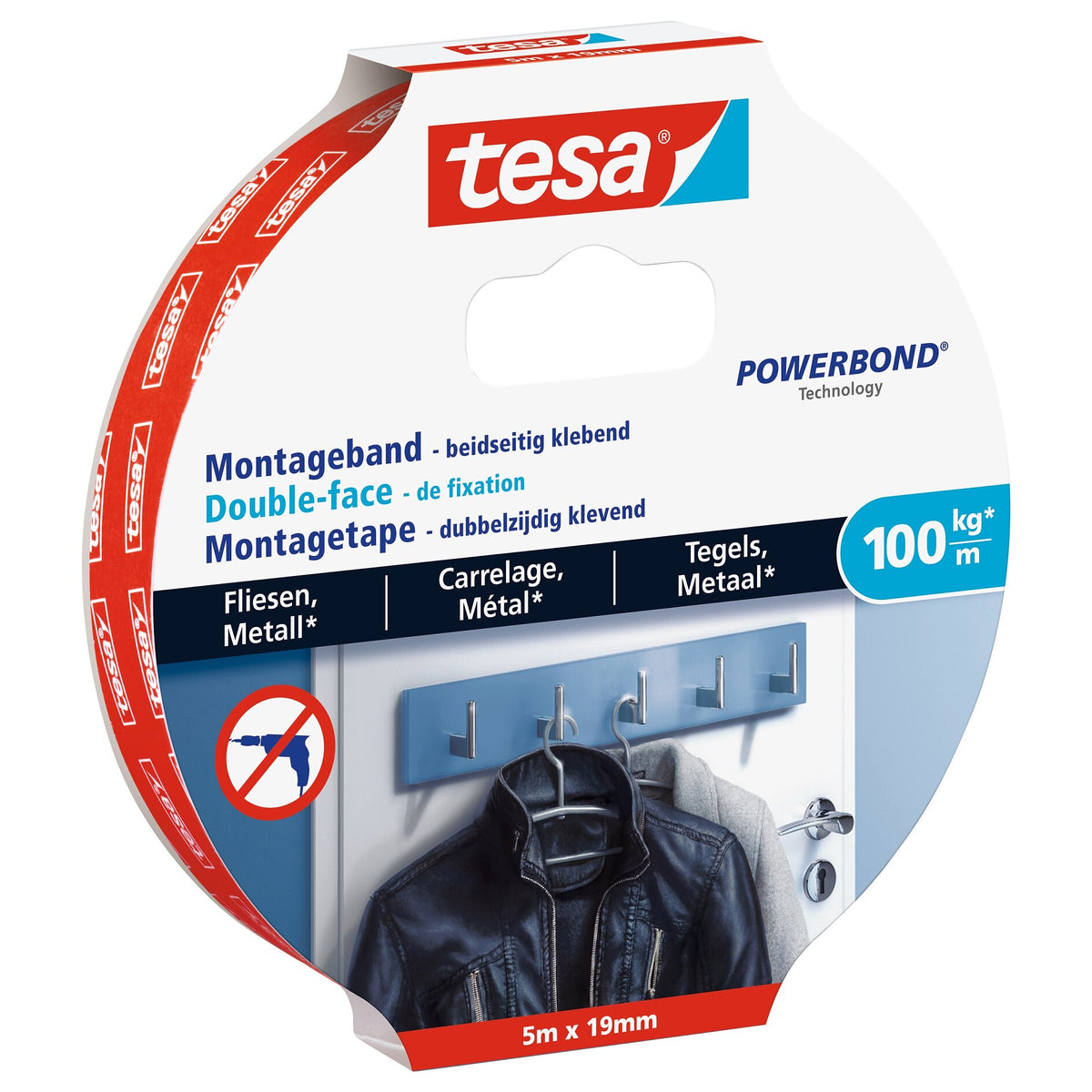 tesa Ultra starkes Montageband für Fliesen und Metall, weiß, bis 100 kg/m 5 m x 19 mm