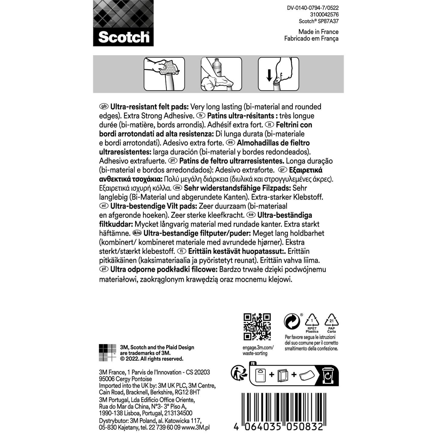 Rückseite einer Packung Scotch® Extrembeständige Filzpads SP87A37 (3M Deutschland GmbH) mit mehrsprachiger Beschreibung, Gebrauchs- und Recyclinghinweisen, Oberflächenschutzabbildungen für Stuhlbeine, Barcode und Kontaktdaten des Herstellers. 12 grau/weiße Pads, 24 x 22 mm.