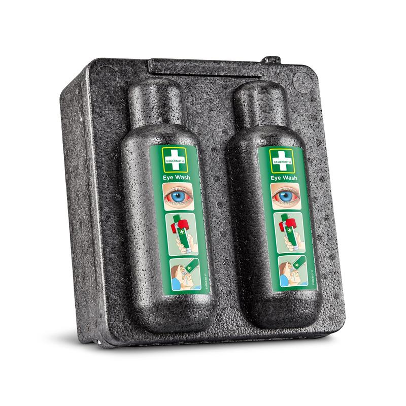 Szafka grzewcza Orkla Wound Care AB do płukania oczu 500x2 (1 opakowanie, karton) oferuje bezpieczne przechowywanie butelek do płukania oczu z jasnymi instrukcjami i obrazkami - idealna do pierwszej pomocy w przypadku urazów oczu.