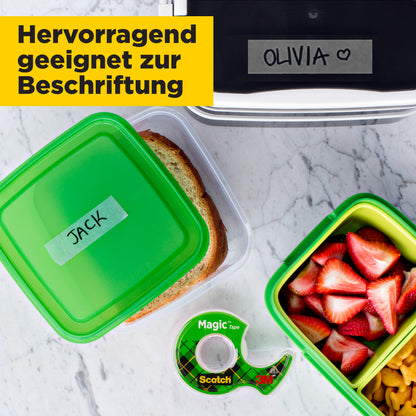 Eine "JACK"-Lunchbox, ein Obstbehälter und eine teilweise sichtbare "OLIVIA"-Box erscheinen mit Scotch® Magic™ Unsichtbares Klebeband 8-1915R3/2 Aktionspackung (19 mm x 15 m, 2+1 Gratis-Rolle) von 3M Deutschland GmbH und gelbem deutschen Beschriftungstext.