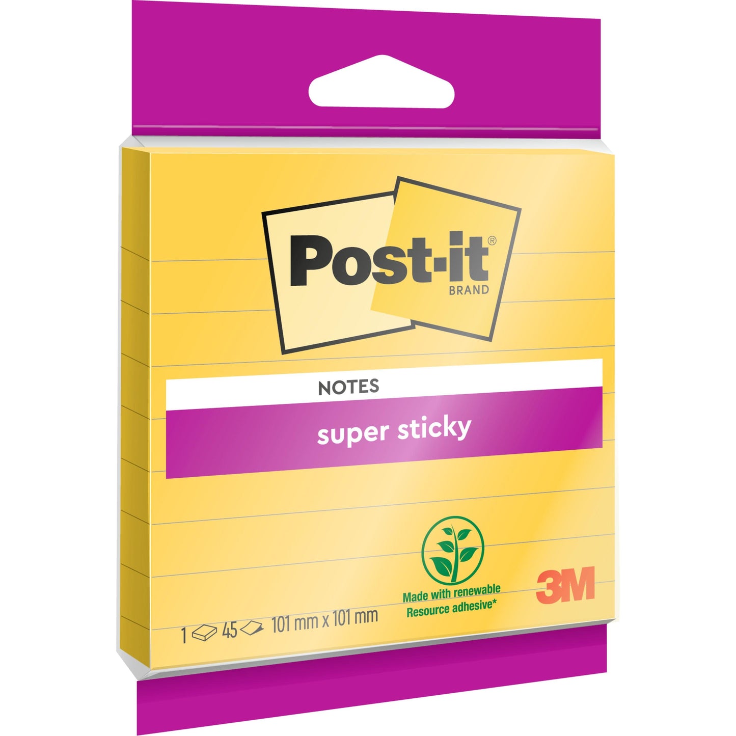 Opakowanie dużych, żółtych karteczek samoprzylepnych Post-it® Super Sticky, w linie, 101 x 101 mm, 45 arkuszy/blok, 1 blok/opakowanie od 3M Deutschland GmbH; z wyjątkowo mocnym klejem i 100% certyfikatem PEFC (SGSCH-PEFC-COC-110078).