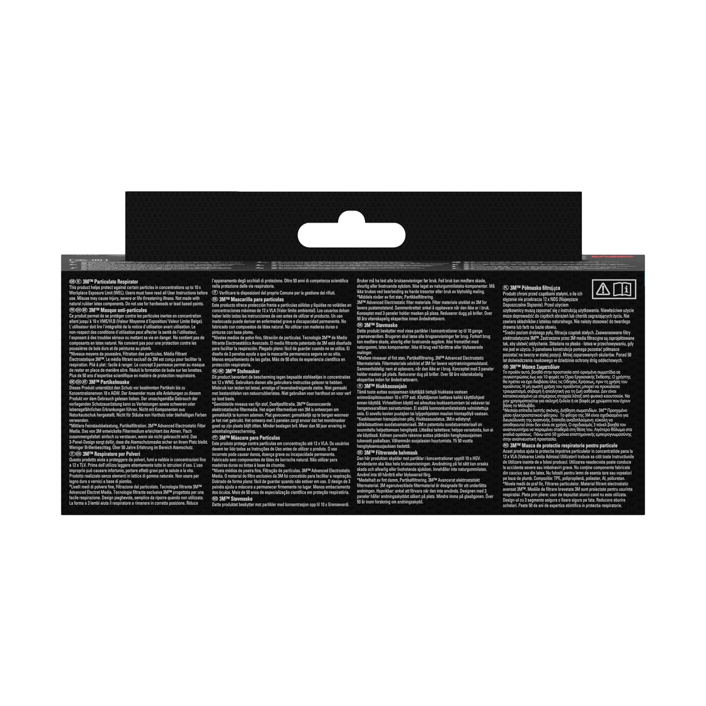 Das Bild zeigt die Rückseite einer 3M™ Cool Flow™ Partikelmaske 8833, FFP3, mit Ventil, 2er-Packung von 3M Deutschland GmbH, mit mehrsprachiger Anleitung und Sicherheitshinweisen in dichter weißer Schrift auf meist schwarzer Verpackung.