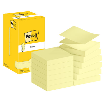 Przedstawiony jest stos karteczek Post-it® Super Sticky Z-Notes Promotion, żółtych (76 mm x 76 mm, 100 arkuszy/blok) firmy 3M Deutschland GmbH z ich kartonowym opakowaniem. Karton podkreśla logo Post-it, a jeden arkusz jest lekko uniesiony.