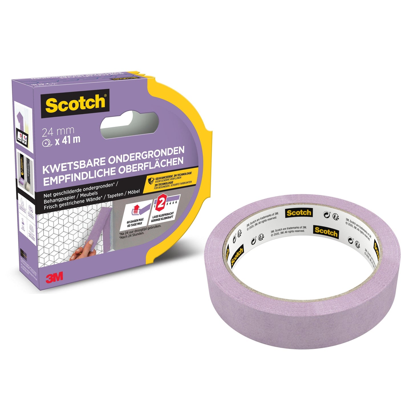 Eine Rolle Scotch® Malerabdeckband für empfindliche Oberflächen (24 mm x 41 m) von 3M Deutschland GmbH in PEFC-zertifizierter Verpackung, mit 3M-Logo, PEFC-Label und Produktinformationen in mehreren Sprachen.