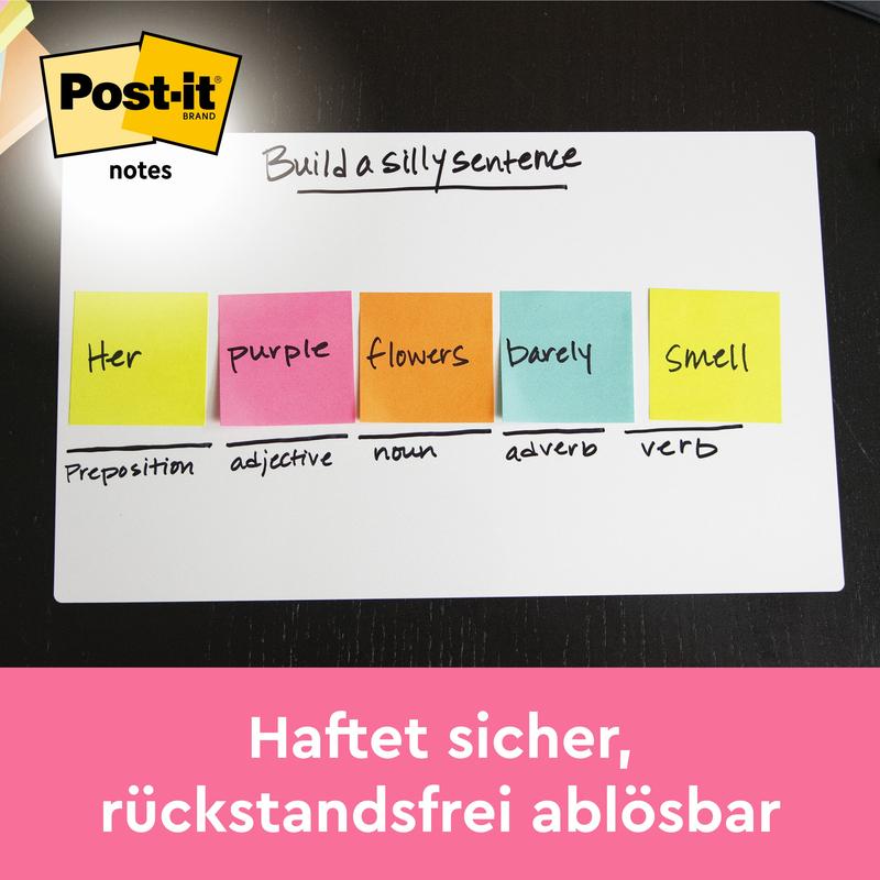 Tablica suchościeralna pokazuje kolorowe karteczki Post-it® 3M (Poptimistic Collection, 38x51mm, 100 kartek/blok, 12 bloków/opakowanie) z napisem "Twoje fioletowe kwiaty ledwie pachną" nad kategoriami gramatycznymi. Niemiecki tekst: "Przyczepia się pewnie, łatwo odklejalny bez śladów.