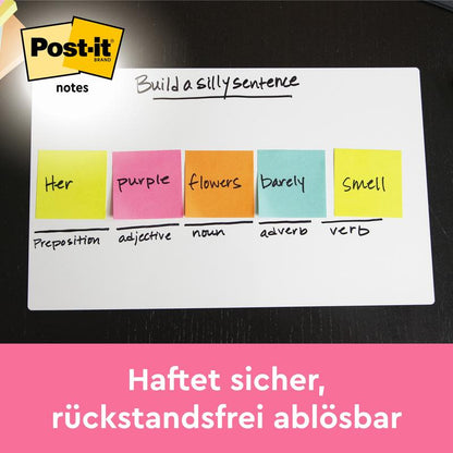 Tablica suchościeralna pokazuje kolorowe karteczki Post-it® 3M (Poptimistic Collection, 38x51mm, 100 kartek/blok, 12 bloków/opakowanie) z napisem "Twoje fioletowe kwiaty ledwie pachną" nad kategoriami gramatycznymi. Niemiecki tekst: "Przyczepia się pewnie, łatwo odklejalny bez śladów.
