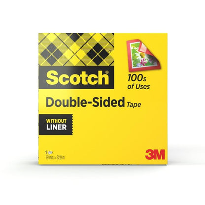 Żółte pudełko taśmy dwustronnej Scotch®, 1 rolka, 19 mm x 33 m od 3M Deutschland GmbH jest w kratkę, z napisem "100s of Uses" i obrazkiem znaczka pocztowego. Idealna do potrzeb artystycznych, taśma jest bez podkładu.