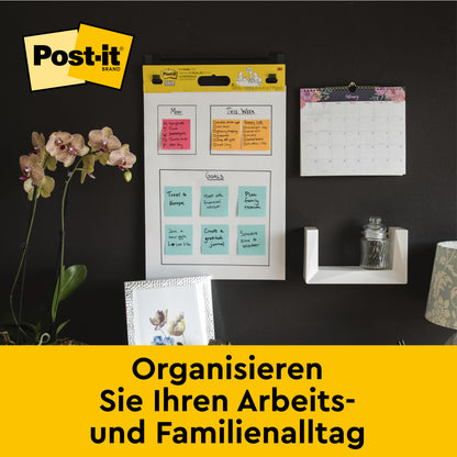 Na ścianie wisi Post-it® Super Sticky Meeting Chart 559P (63,5 x 76,2 cm) z neonowymi notatkami Meeting Notes firmy 3M Deutschland GmbH, które idealnie nadają się do organizacji codziennych obowiązków zawodowych i rodzinnych. "Organizuj swój codzienny obowiązki zawodowe i rodzinne.