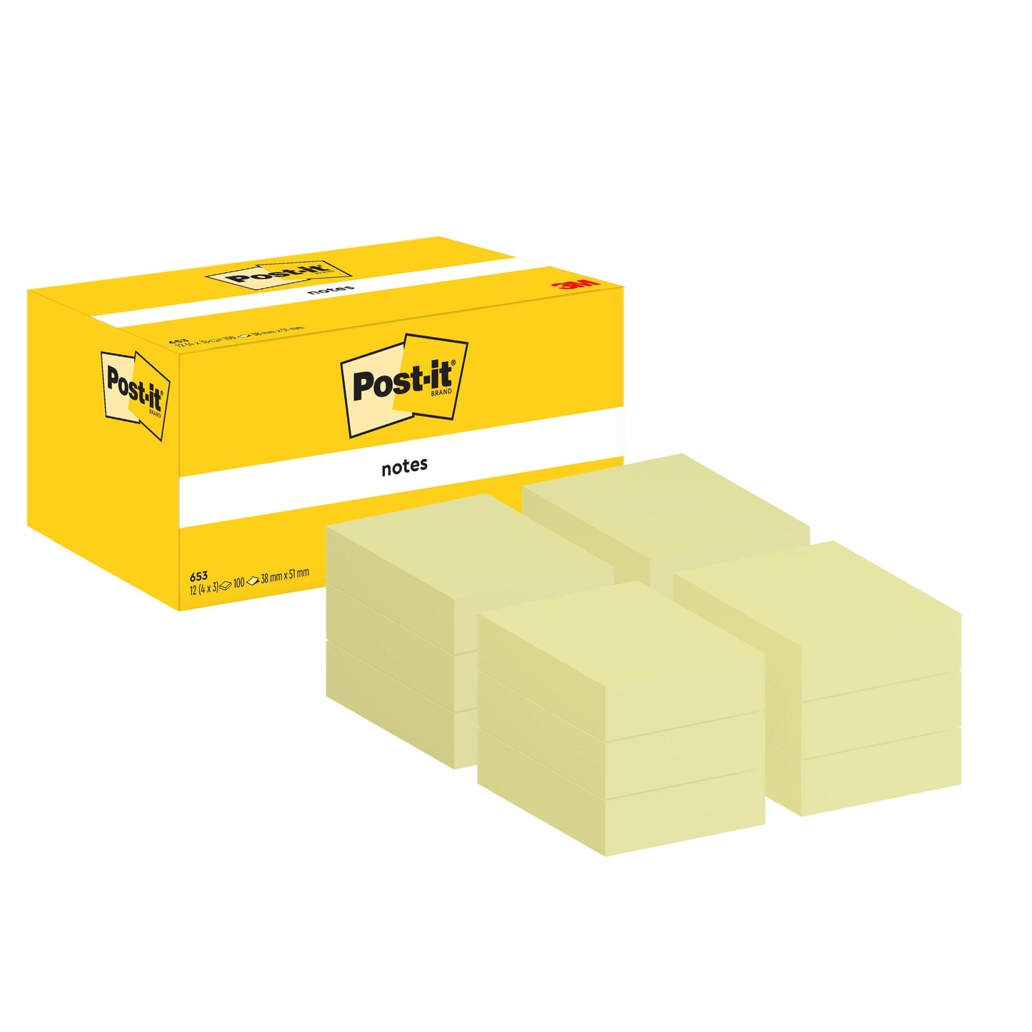 Żółte pudełko z notatkami Post-it® (38 x 51 mm, 100 kartek/blok, 12 bloków/opakowanie) firmy 3M Deutschland GmbH jest przedstawione obok sześciu stosów jasnożółtych notatek - idealne dla każdego biura.