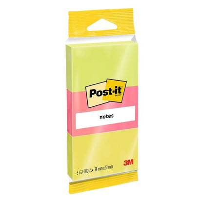 Opakowanie karteczek samoprzylepnych 3M Deutschland GmbH Post-it® w różnych kolorach neonowych, 38 x 51 mm, 100 arkuszy na blok, 3 bloki na opakowanie, certyfikowane przez PEFC (SGSCH-PEFC-COC-110078), idealne do notatek i przypomnień.