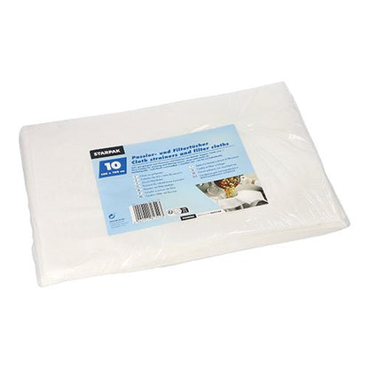 Ściereczki do przecierania i filtrowania Starpak 10 (100 x 100 cm, białe) są dostarczane w przezroczystym opakowaniu foliowym z informacjami o produkcie i zdjęciami na etykiecie. Każde opakowanie zawiera 10 białych ściereczek filtrujących – idealnych do kuchni.