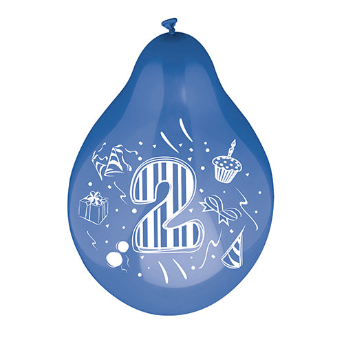 Ein Zahlenluftballon der PAPSTAR GmbH (Ø 25 cm, farbig sortiert) mit einer großen weißen Zahl „2“ und bunten Cupcake-, Partyhut-, Geschenkbox- und Konfetti-Illustrationen.