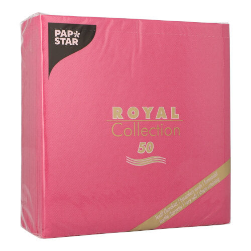 Eine fuchsiafarbene Packung PAPSTAR 50 Servietten "ROYAL Collection" 1/4-Falz (40 x 40 cm) der PAPSTAR GmbH, eingeschweißt in Plastik für Frische.