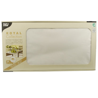 Eine beige Box der PAPSTAR GmbH mit der Aufschrift „ROYAL Collection“ enthält 20 weiße Tissue-Mitteldecken (80 x 80 cm), die teilweise durch ein Frontfenster auf der Verpackung sichtbar sind.