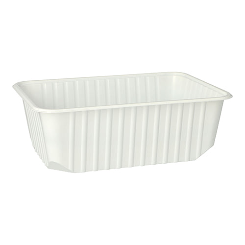 Kubek opakowaniowy Starpak 50 to biały, prostokątny pojemnik PP o pojemności 1 litra (6,3 × 18,6 × 13,3 cm) z pionowymi żebrami bocznymi i zaokrąglonymi rogami, dostępny w opakowaniu po 50 sztuk, przedstawiony na białym tle.