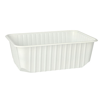 Kubek opakowaniowy Starpak 50 to biały, prostokątny pojemnik PP o pojemności 1 litra (6,3 × 18,6 × 13,3 cm) z pionowymi żebrami bocznymi i zaokrąglonymi rogami, dostępny w opakowaniu po 50 sztuk, przedstawiony na białym tle.