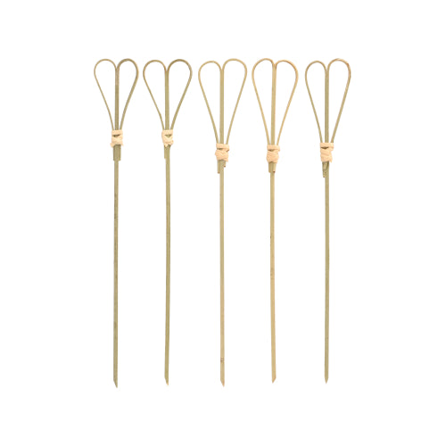 Pięć PAPSTAR 100 Fingerfood - Picker der PAPSTAR GmbH z pętelkowymi dodatkami jest ułożonych w rzędzie na białym tle i idealnie nadaje się jako stylowe pickery do serwowania.