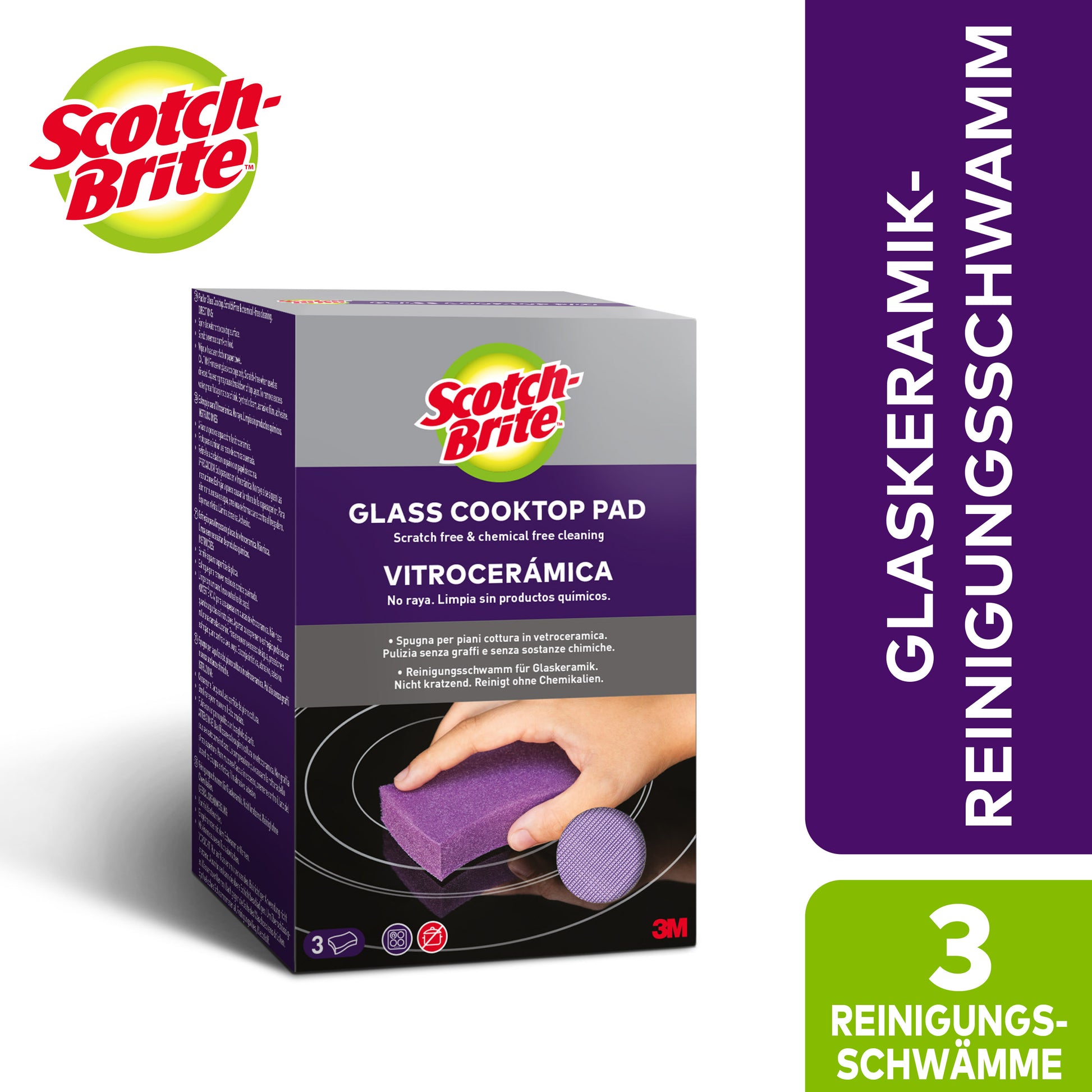 Abgebildet ist eine Packung Scotch-Brite™ Glaskeramik-Reinigungsschwamm (1 Stück) der 3M Deutschland GmbH mit mehrsprachiger Verpackung und dem Bild einer Hand, die mit dem violetten Schwamm ein Glaskeramik-Kochfeld reinigt.