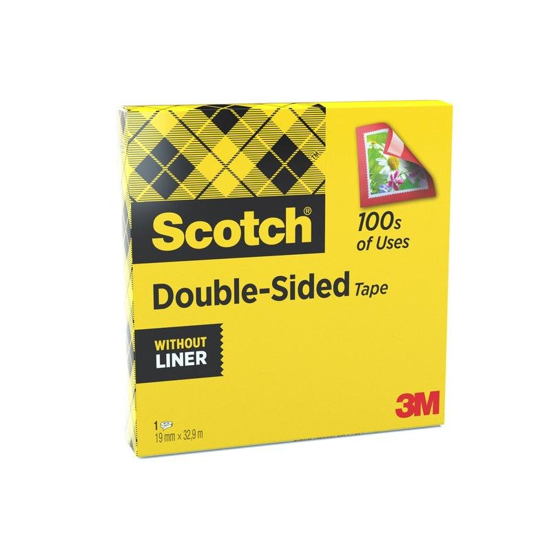 Żółte pudełko taśmy dwustronnej Scotch® (1 rolka, 19 mm x 33 m) od 3M Deutschland GmbH, opisane jako "bez podkładu" i "100s of Uses", idealna do potrzeb artystycznych. Przód pokazuje taśmę, która trzyma obraz.