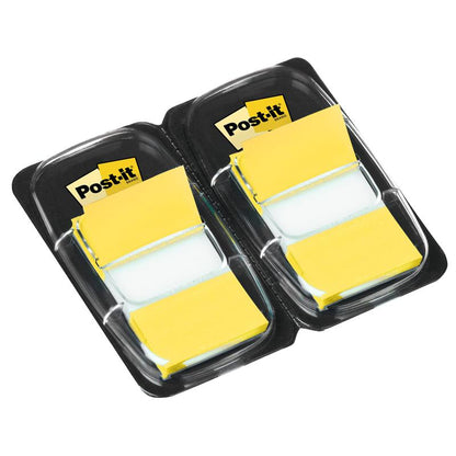 Dwa opakowania zakładek indeksujących 3M Post-it® Index, standardowe (25,4 mm x 43,2 mm, 50 sztuk na podajnik), dostarczane są w czarnym plastikowym uchwycie, każde z prostokątnymi, gotowymi do użycia zakładkami.