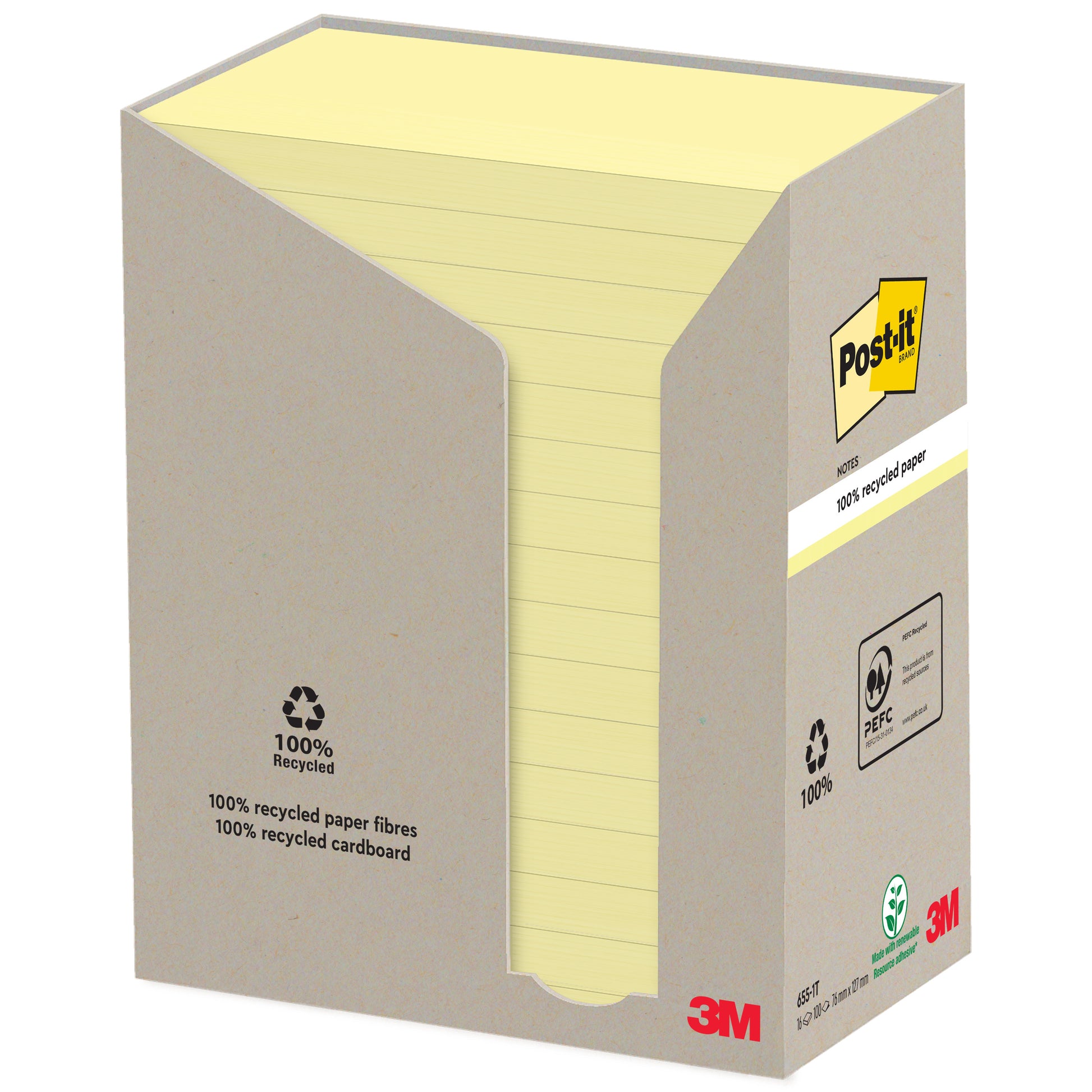 Eine Schachtel mit 3M Post-it® Recycling Notes (76 mm x 127 mm, 100 Blatt, 100% PEFC) der 3M Deutschland GmbH ist teilweise aufgeschnitten, um die gestapelten Notizen im Inneren zu zeigen, und weist Recycling-Symbole und Branding auf der Verpackung auf.