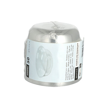 Stos 50 okrągłych wkładów PET Starpak „Hurricane” (Ø 9 cm, 2,2 cm) w przezroczystej folii z białą etykietą. Idealne jako jednorazowe lub PET-wkłady na wiele okazji. Marka: Starpak.