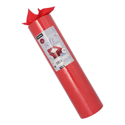 Eine Rolle Starpak Tischläufer, stoffähnlich Vlies „soft selection“ (24 m x 40 cm), steht aufrecht. Auf dem Etikett sind Produktinformationen und verpackte Geschenke abgebildet, während der weiche Läufer oben teilweise abgerollt ist.