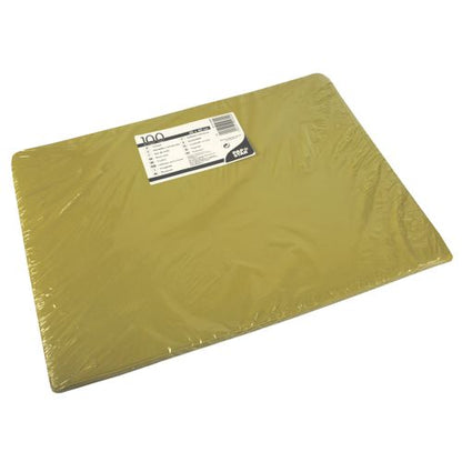 Opakowanie 100 żółtych papierowych podkładek stołowych A4 (30x40 cm) od PAPSTAR GmbH, zapakowane w przezroczysty plastik z biało-czarną etykietą informacyjną - idealne do papierowych podkładek stołowych lub ekologicznych projektów rękodzielniczych.