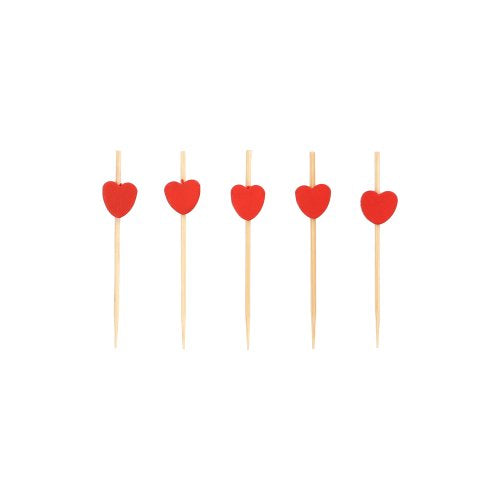 Pięć PAPSTAR 100 Fingerfood - Picker der PAPSTAR GmbH jest ułożonych na białym tle, każdy z małym czerwonym serduszkiem na górze.
