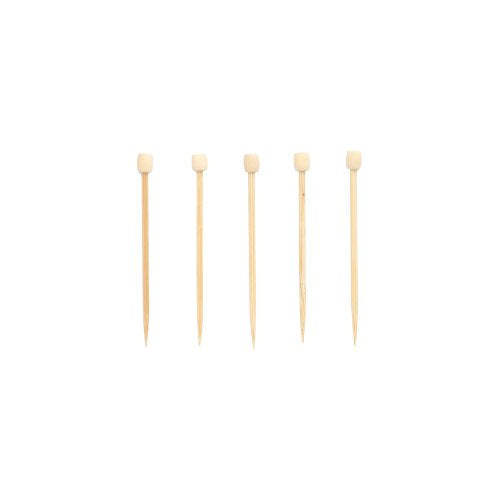 Pięć PAPSTAR 100 Fingerfood-Picker von PAPSTAR GmbH z bambusa z małymi, opisanymi tabliczkami na górze, jest ułożonych w poziomej linii na białym tle.