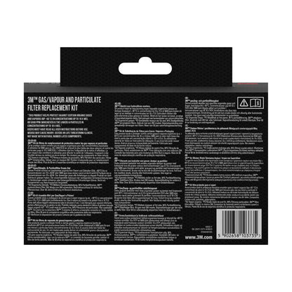 Widok z tyłu kartonu 3M Deutschland GmbH z informacjami o filtrze cząstek 3M™ 5935, P3 (2 pary/opakowanie) + uchwyt filtra 501 (1 para/opakowanie), z informacjami o produkcie, instrukcją obsługi i kodem kreskowym w bieli na czarnym tle.