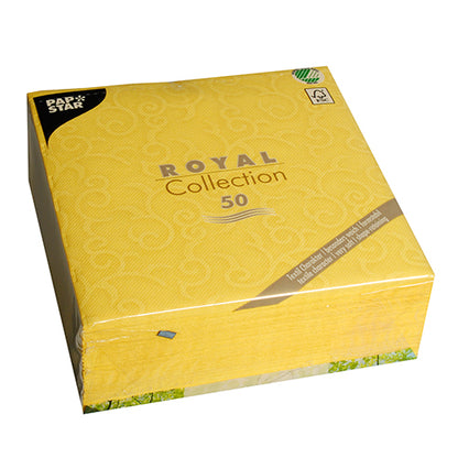 Eine versiegelte Packung PAPSTAR 50 Servietten "ROYAL Collection" 1/4-Falz 40 x 40 cm in gelb der PAPSTAR GmbH, mit dem Papstar-Logo oben links und einem grünen Zertifizierungssymbol oben rechts.
