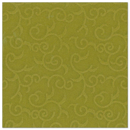 Quadratische, strukturierte olivgrüne Serviette aus der ROYAL-Kollektion der PAPSTAR GmbH (40x40 cm, 1/4-fach gefaltet) mit einem dezenten, erhabenen Rankenmuster, das sich gleichmäßig über die Oberfläche verteilt. Das Paket enthält 50 Servietten.